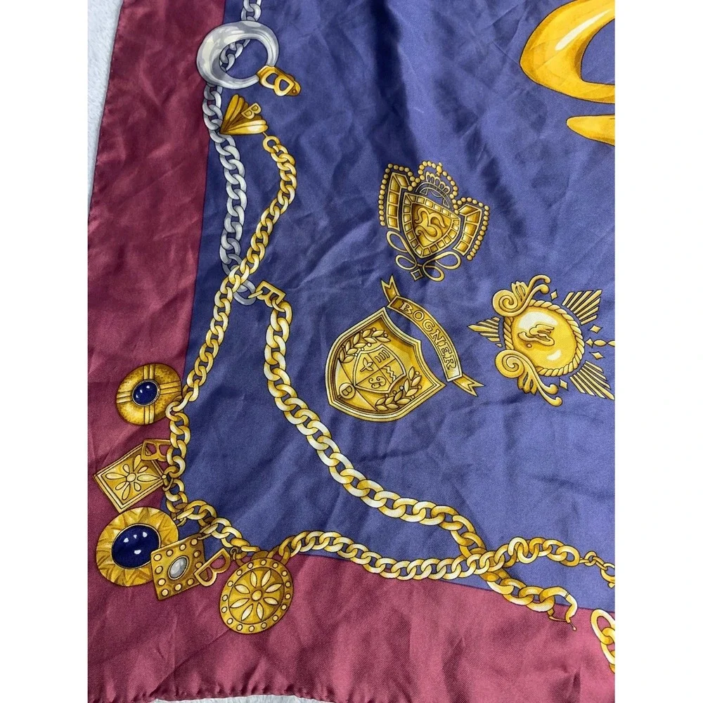 Bogner Vintage Silk Square Scarf Blue Burgundy Gold Chain Crest Made in Italy